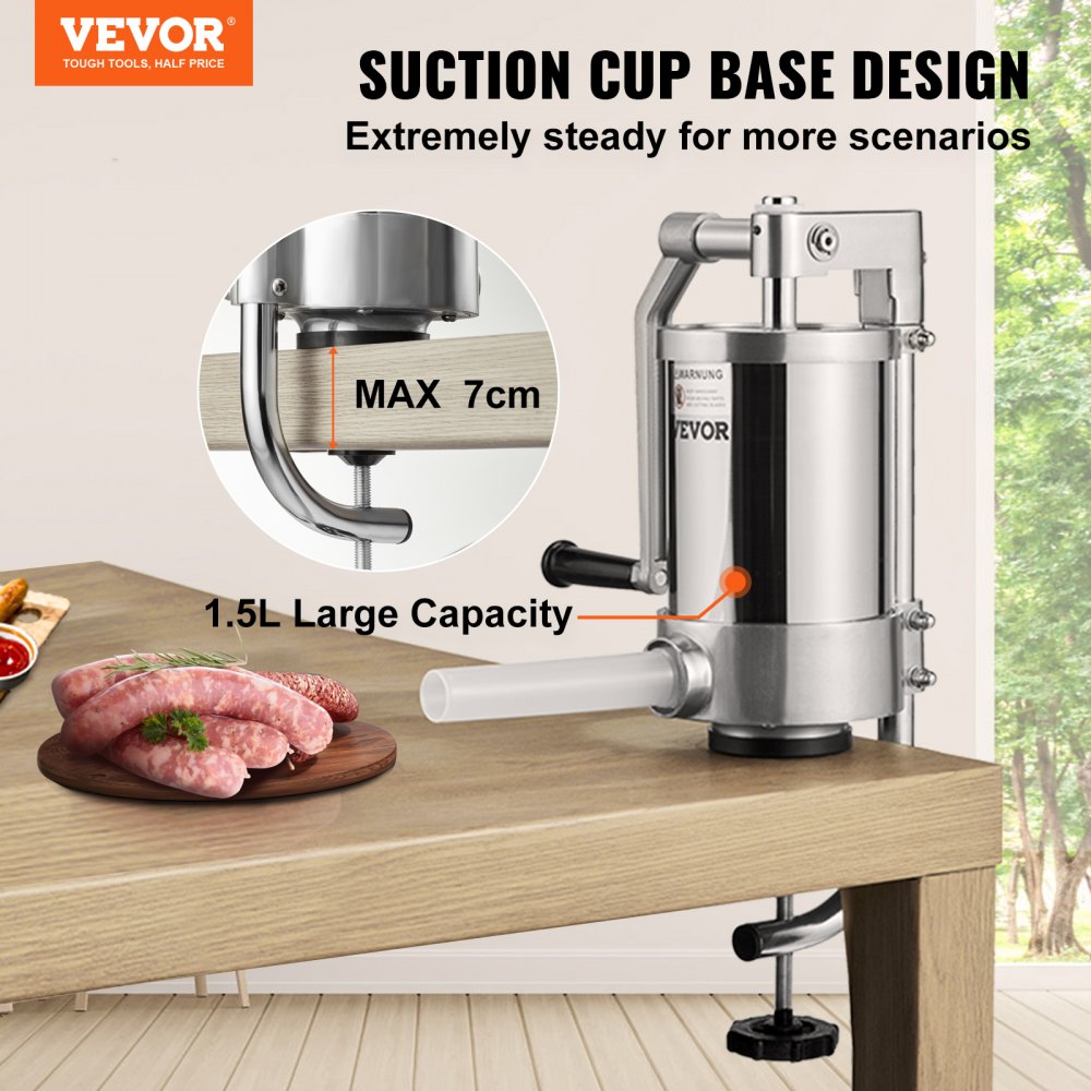 VEVOR Sausage Stuffer, 2.5LBS/1.5L Capacity, 304 Stainless Steel Vertical Sausage Stuffer, Sausage Filling Machine with