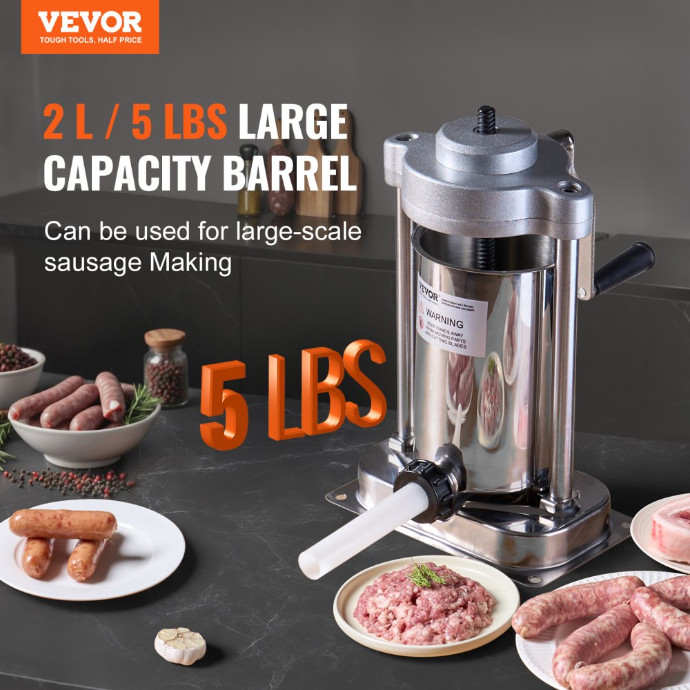 VEVOR Manual Sausage Stuffer, 2 L / 5 LBS Vertical Sausage Machine with G-type Clamp, Food-Grade 304 Stainless Steel