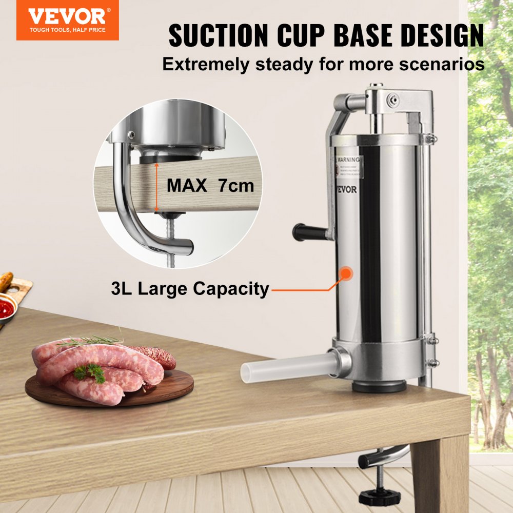 VEVOR Sausage Stuffer, 5LBS/3L Capacity, 304 Stainless Steel Vertical Sausage Stuffer, Sausage Filling Machine with 3
