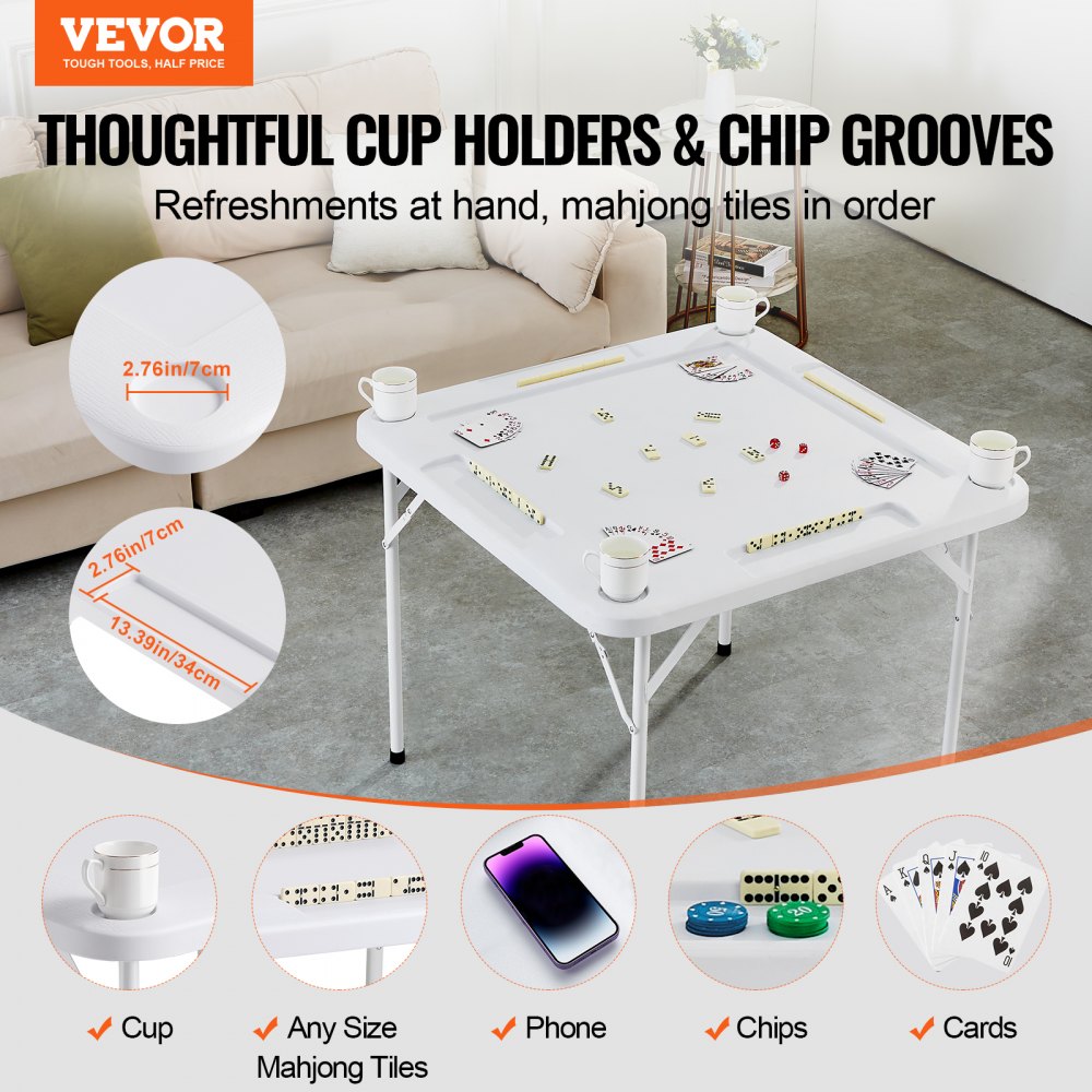 VEVOR Mahjong Table, Square 4 Player Folding Card Table with 4 Cup Holders & 4 Chip Trays, Portable Domino Game Table