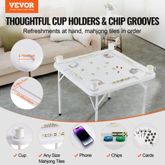 VEVOR Mahjong Table, Square 4 Player Folding Card Table with 4 Cup Holders & 4 Chip Trays, Portable Domino Game Table