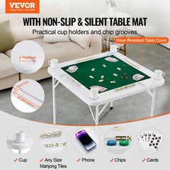 VEVOR Mahjong Table, 4 Player Folding Domino Table with Wear-Resistant Green Tabletop, Portable Square Card Table with
