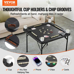 VEVOR Mahjong Table, Square 4 Player Folding Card Table with 4 Cup Holders & 4 Chip Trays, Portable Domino Game Table