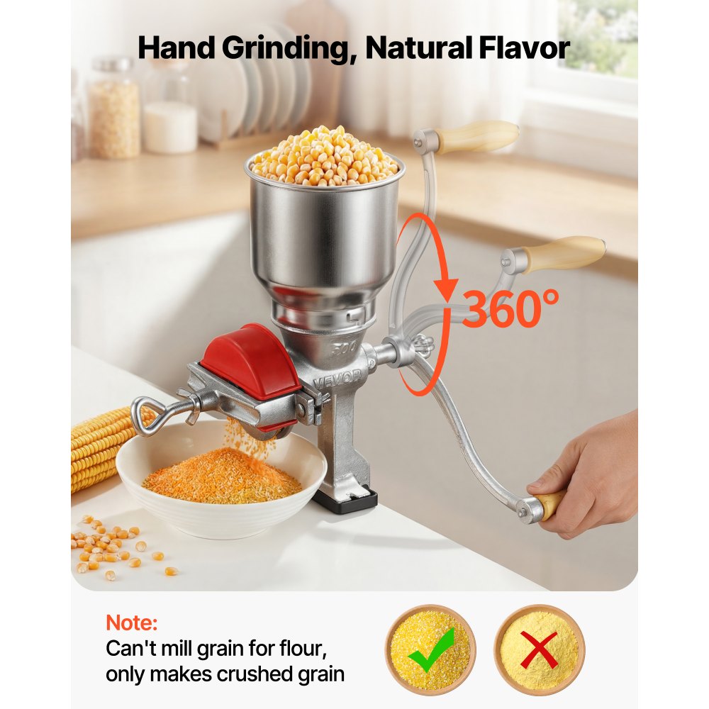 VEVOR Manual Grain Mill with High Hopper, Hand-Crank Corn Grinder, Heavy Duty Cast Iron Wheat Grinding Mill with Stable
