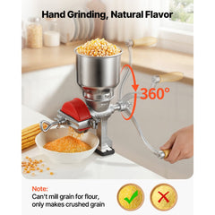 VEVOR Manual Grain Mill with High Hopper, Hand-Crank Corn Grinder, Heavy Duty Cast Iron Wheat Grinding Mill with Stable