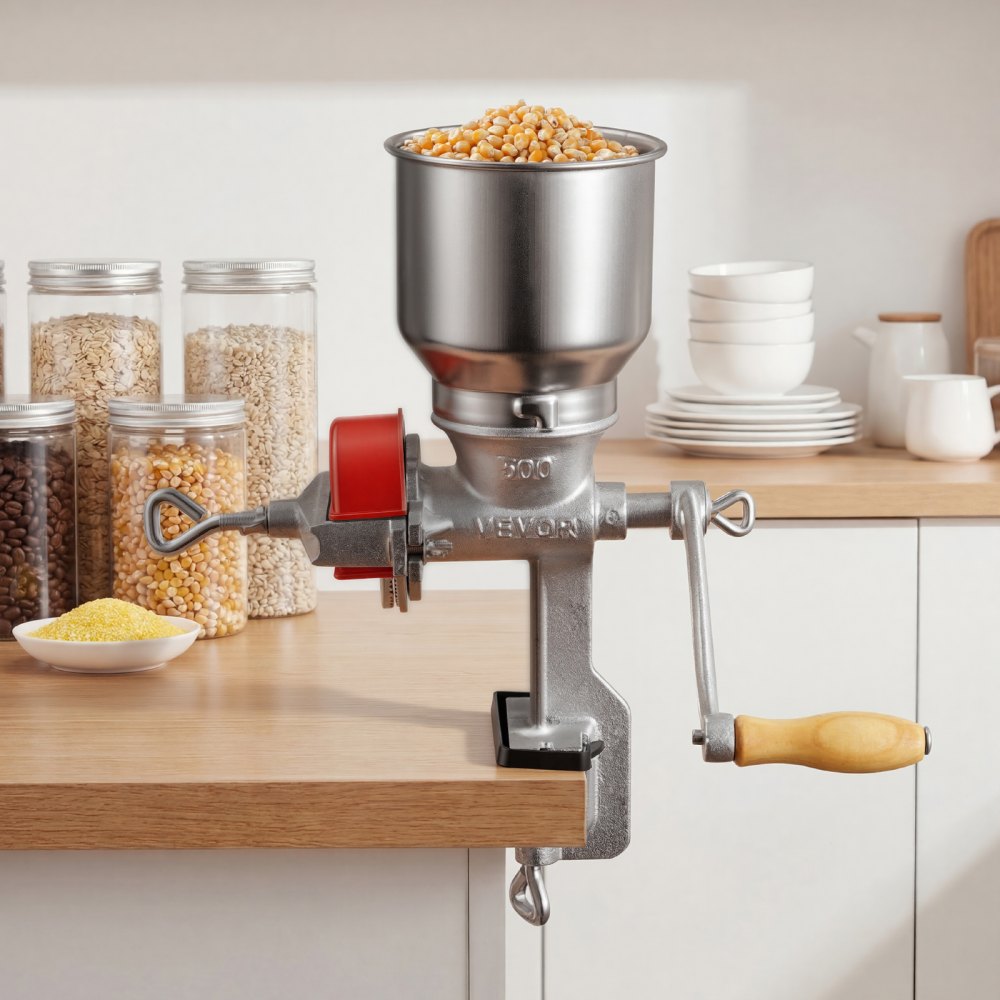 VEVOR Manual Grain Mill with High Hopper, Hand-Crank Corn Grinder, Heavy Duty Cast Iron Wheat Grinding Mill with Stable