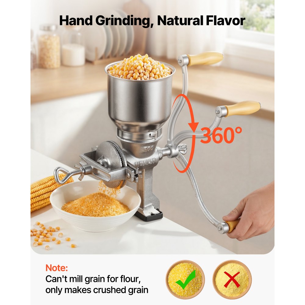 VEVOR Manual Grain Mill with High Hopper, Hand-Crank Corn Grinder, Heavy Duty Cast Iron Wheat Grinding Mill with Stable