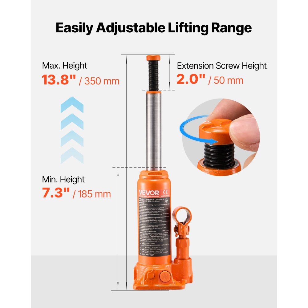 VEVOR Hydraulic Bottle Jack, 4 Ton (8818.4 lbs) Capacity, 7.3-13.8 Inch Lifting Range, Heavy Duty Welded Bottle Jack