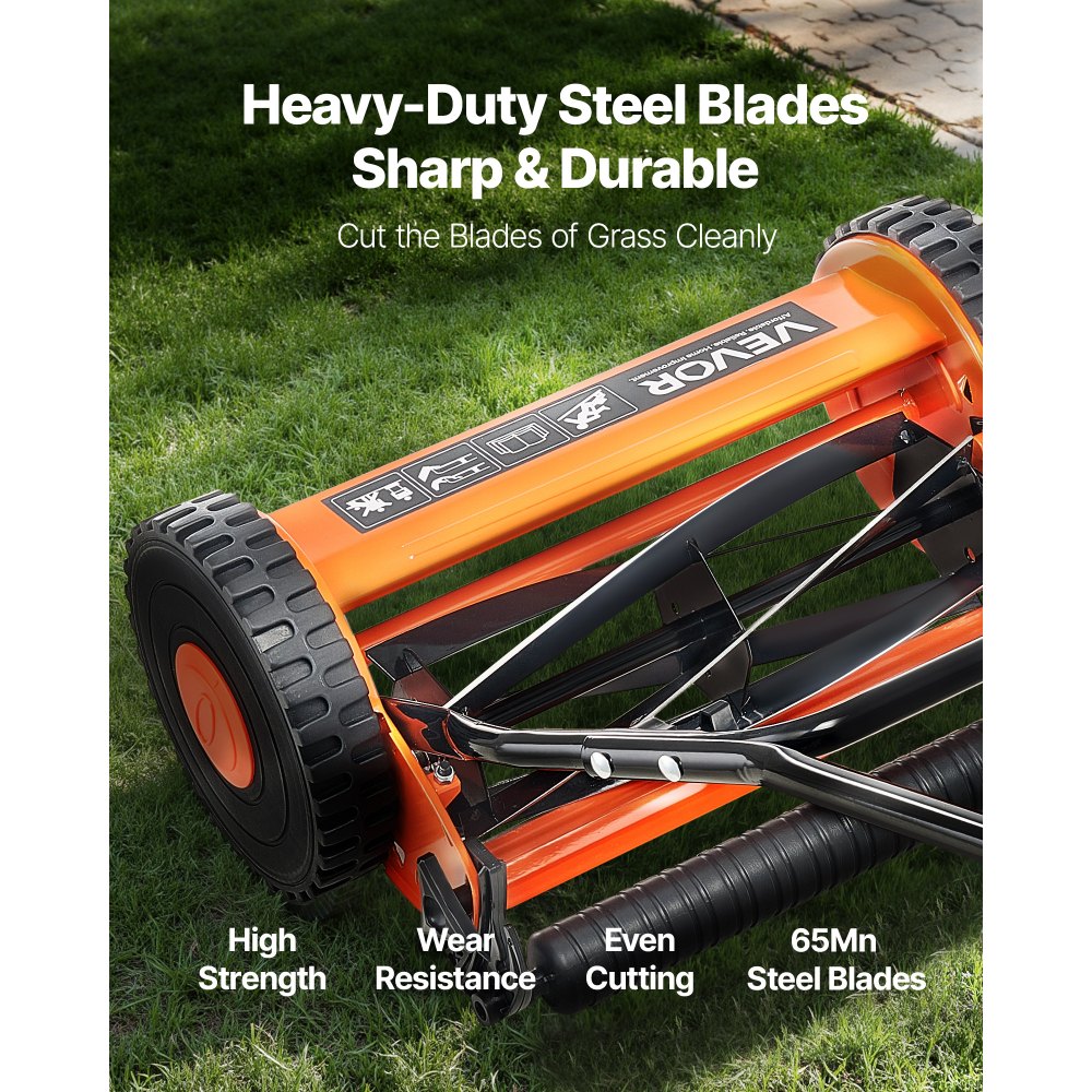 VEVOR Push Reel Lawn Mower 14 inch, 5 Blades Manual Push Mower No Motor, 0.6-1.75 in Adjustable Cutting Height