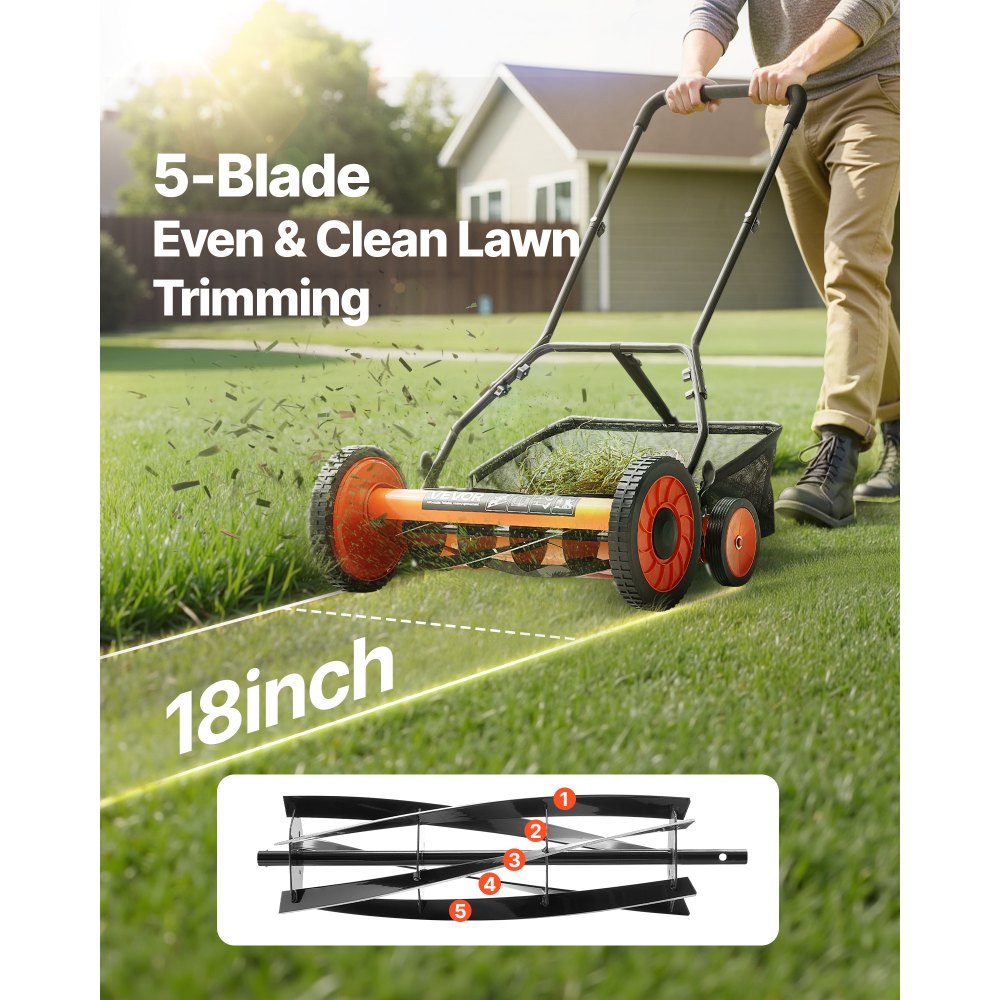 VEVOR Push Reel Lawn Mower 18 inch, 5 Blades Manual Push Mower No Motor, 1.37-2.44 in Adjustable Cutting Height