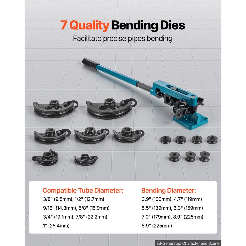 VEVOR Pipe Tube Bender, 3/8" to 1" Manual Pipe Tube Bender, with 7 Dies, Heavy Duty Tube Bender Tubing of Steel Metal