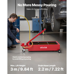 VEVOR Low Profile Oil Drain Pan, 20 Gallon Capacity, Rolling Oil Drain Pan with Manual Pump, 7.2 ft Hose & T Folding