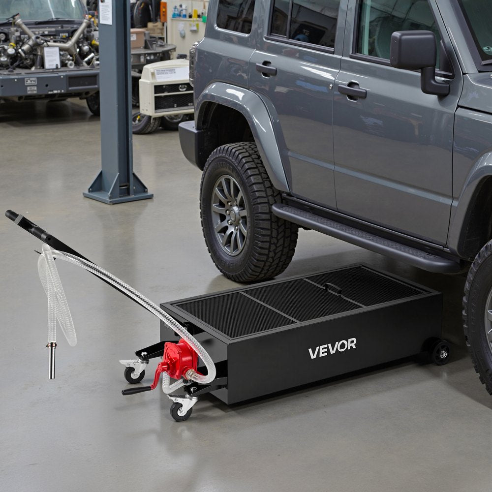 VEVOR Low Profile Oil Drain Pan, 25 Gallon Capacity, Rolling Oil Drain Pan with Manual Pump, 7.2 ft Hose & T Folding