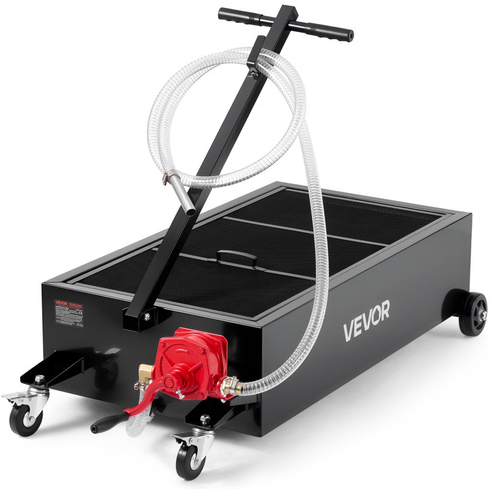 VEVOR Low Profile Oil Drain Pan, 25 Gallon Capacity, Rolling Oil Drain Pan with Manual Pump, 7.2 ft Hose & T Folding