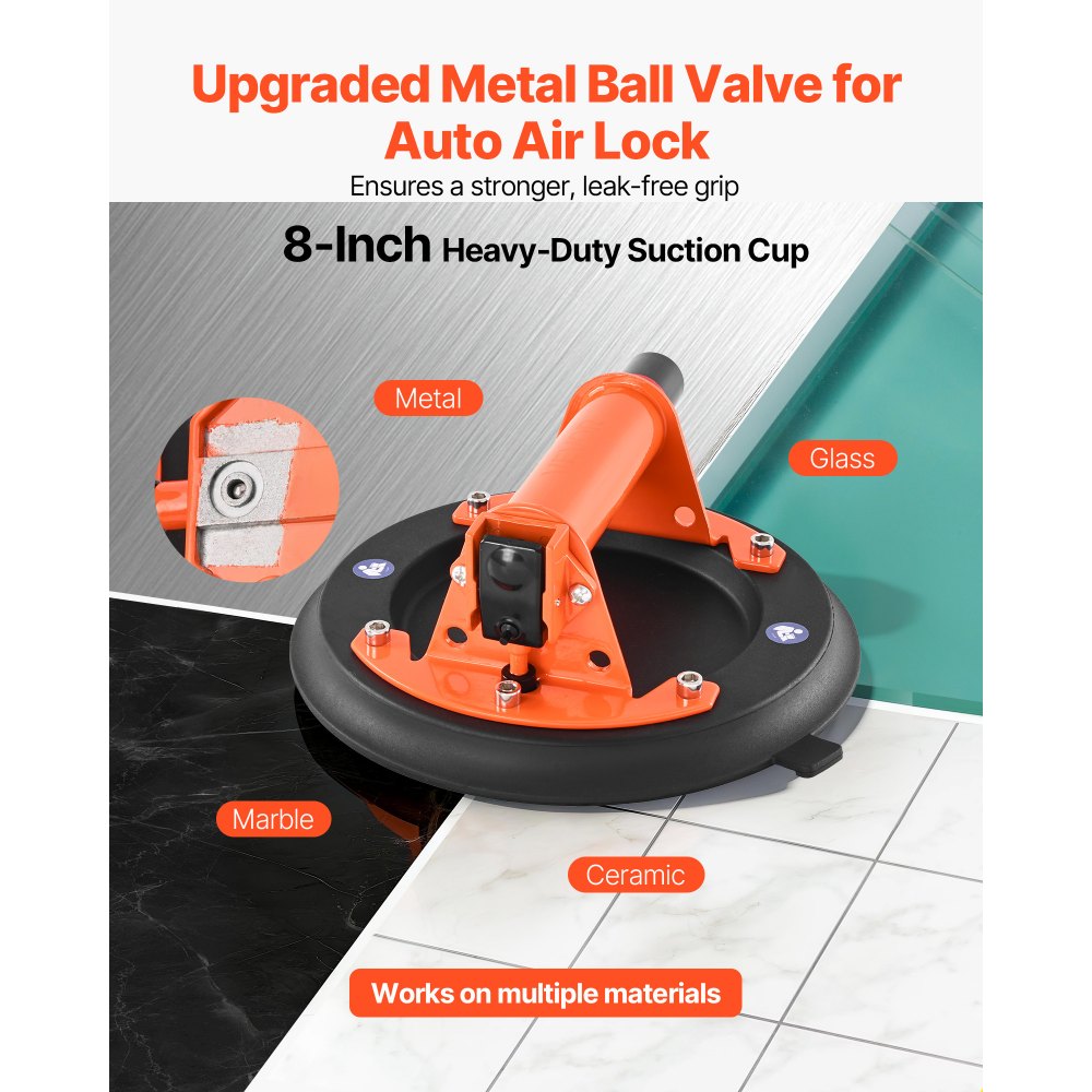 VEVOR Vacuum Suction Cup, 8-Inch Vacuum Glass Lifter with Metal Handle, 429 lbs Max Lifting Capacity Tile Suction Cup