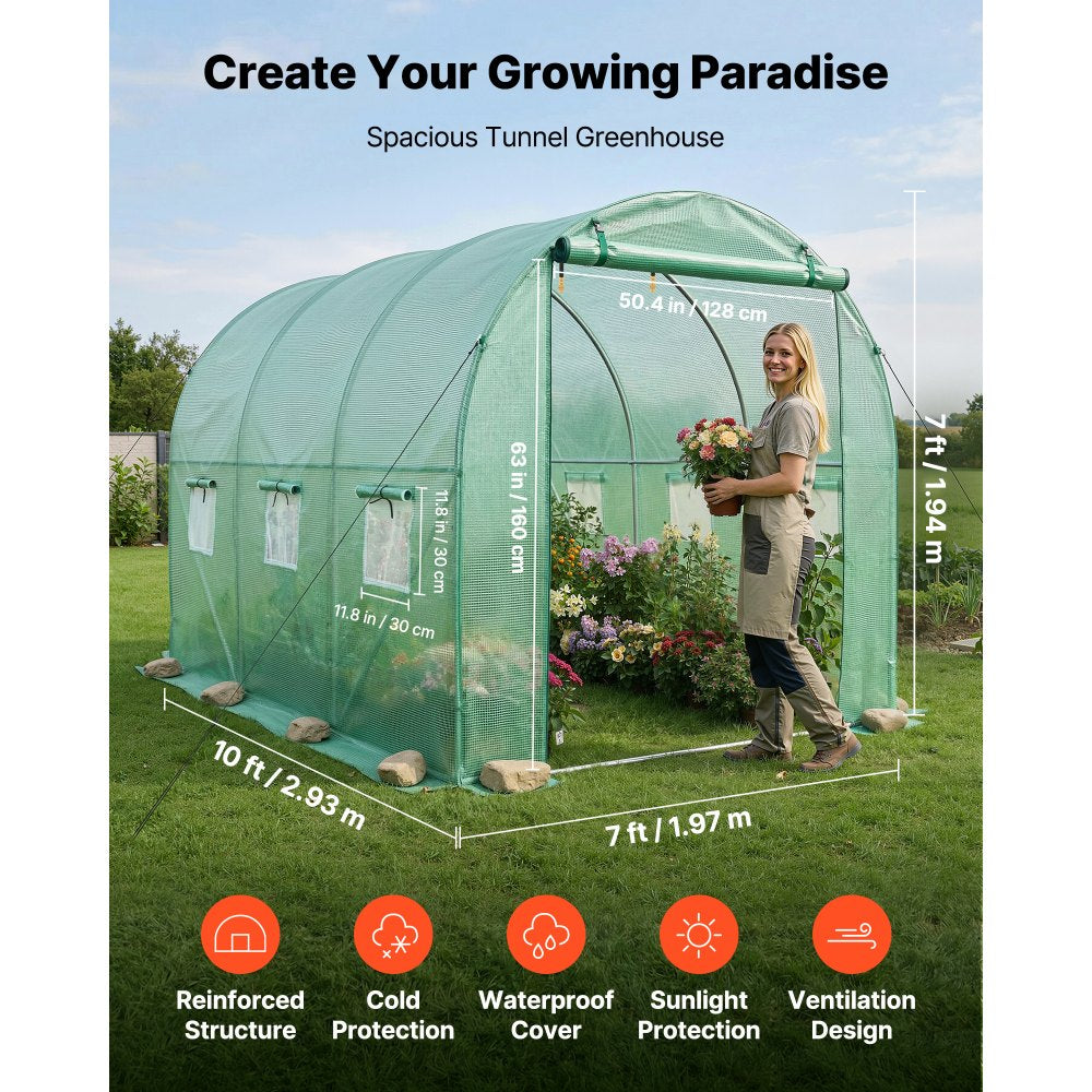 VEVOR Walk-in Tunnel Greenhouse, 10 x 7 x 7 ft Hoop House Greenhouse Tunnel, Plant Hot House with 4 Nozzles, 26.25 ft