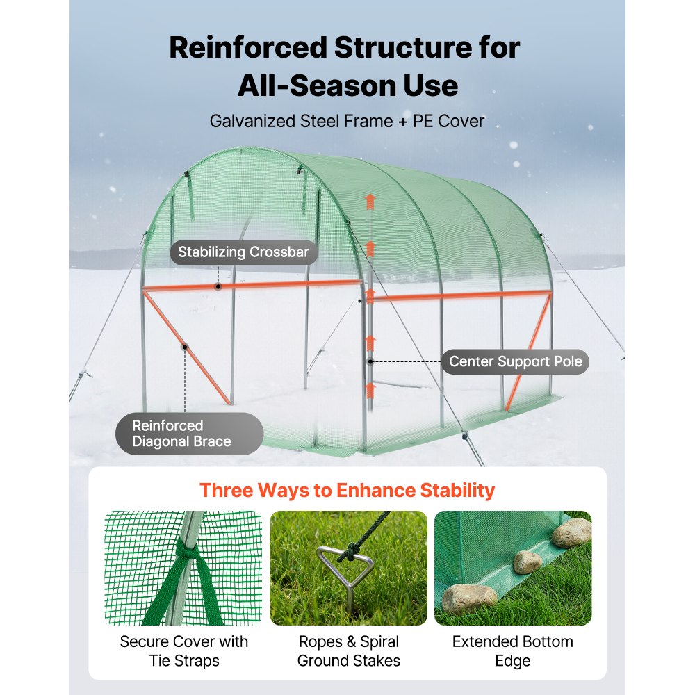 VEVOR Walk-in Tunnel Greenhouse, 10 x 7 x 7 ft Hoop House Greenhouse Tunnel, Plant Hot House with 4 Nozzles, 26.25 ft