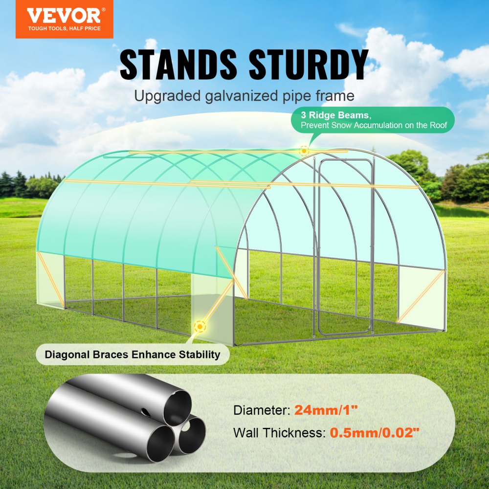 VEVOR Walk-in Tunnel Greenhouse, 19.4x9.7x7.4 ft Hoop House Greenhouse Tunnel, Plant Hot House with Galvanized Steel