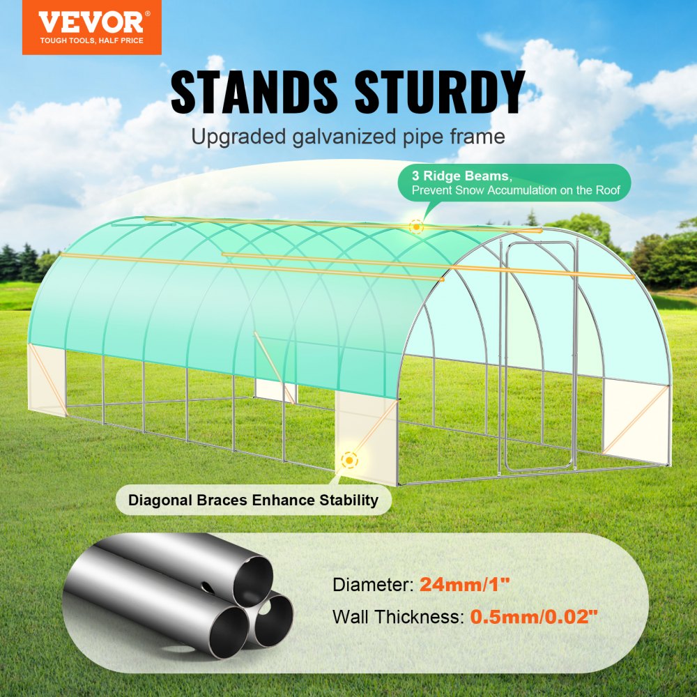 VEVOR Walk-in Tunnel Greenhouse, 27.4x9.5x7.4 ft Hoop House Greenhouse Tunnel, Plant Hot House with Galvanized Steel