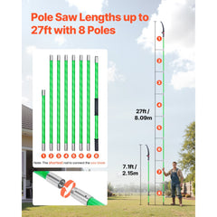 VEVOR Manual Pole Saw, 3.87-27 ft Extendable Pole Tree Pruner, Sharp 65Mn Steel Blade, Lightweight Fiberglass Handle