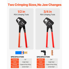 VEVOR Angle Head PEX Crimping Tool Kit for 1/2" & 3/4" Copper Crimp Rings, Copper Ring Cinch Removal Tool with PEX