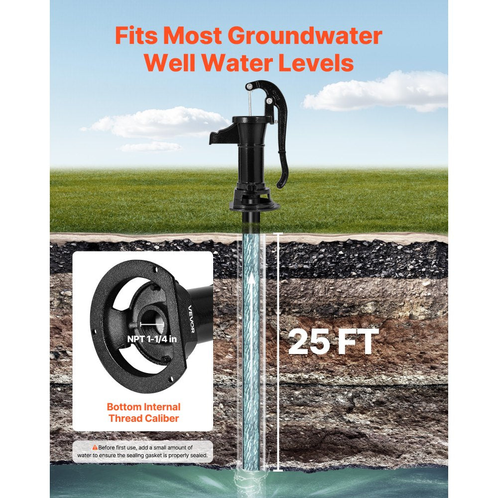 VEVOR Well Hand Pitcher Pump, 25 ft Maximum Lift, Antique Cast Iron Manual Hand Water Pump, NPT 1-1/4 in Connection