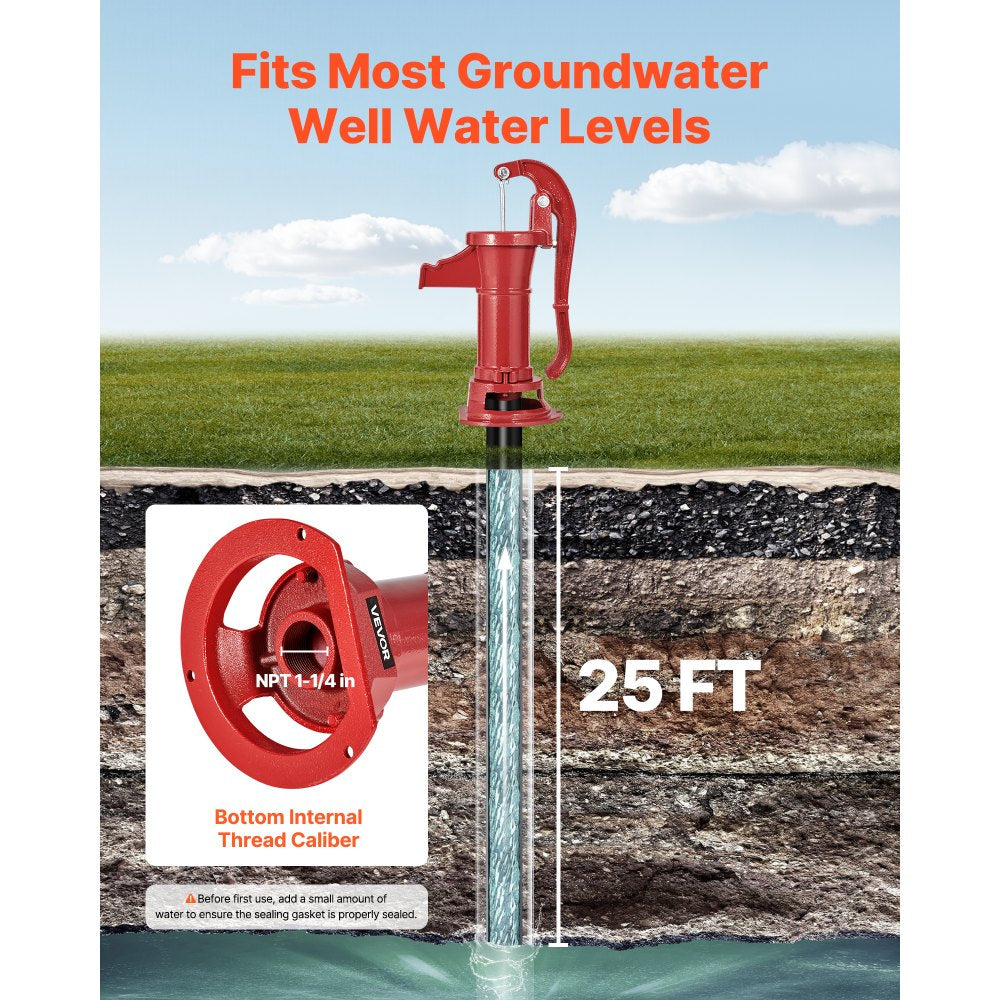 VEVOR Well Hand Pitcher Pump, 25 ft Maximum Lift, Antique Cast Iron Manual Hand Water Pump, NPT 1-1/4 in Connection