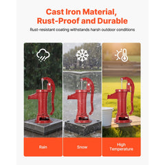 VEVOR Well Hand Pitcher Pump, 25 ft Maximum Lift, Antique Cast Iron Manual Hand Water Pump, NPT 1-1/4 in Connection