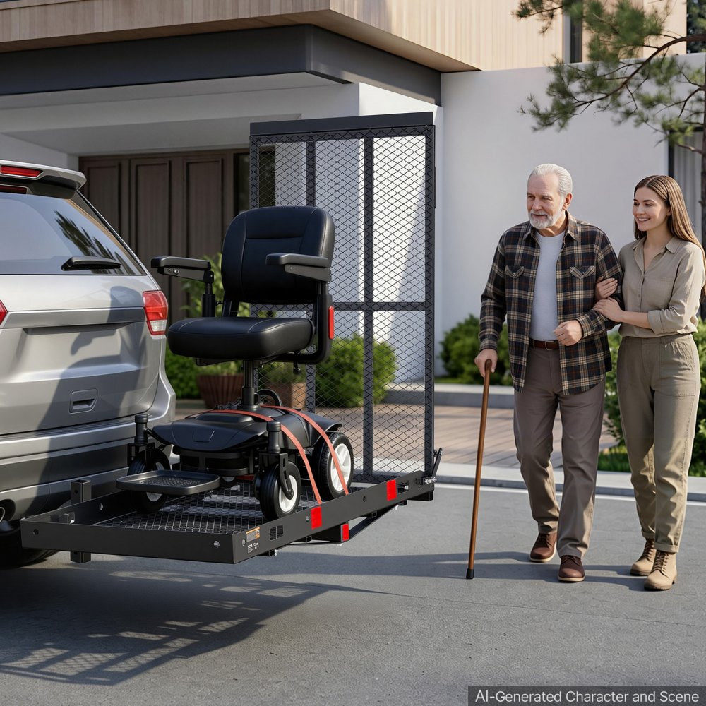 VEVOR Hitch Mount Wheelchair Carrier Height Adjustable, 500LBS Steel Mobility Scooter Carrier Cargo Basket with Folding