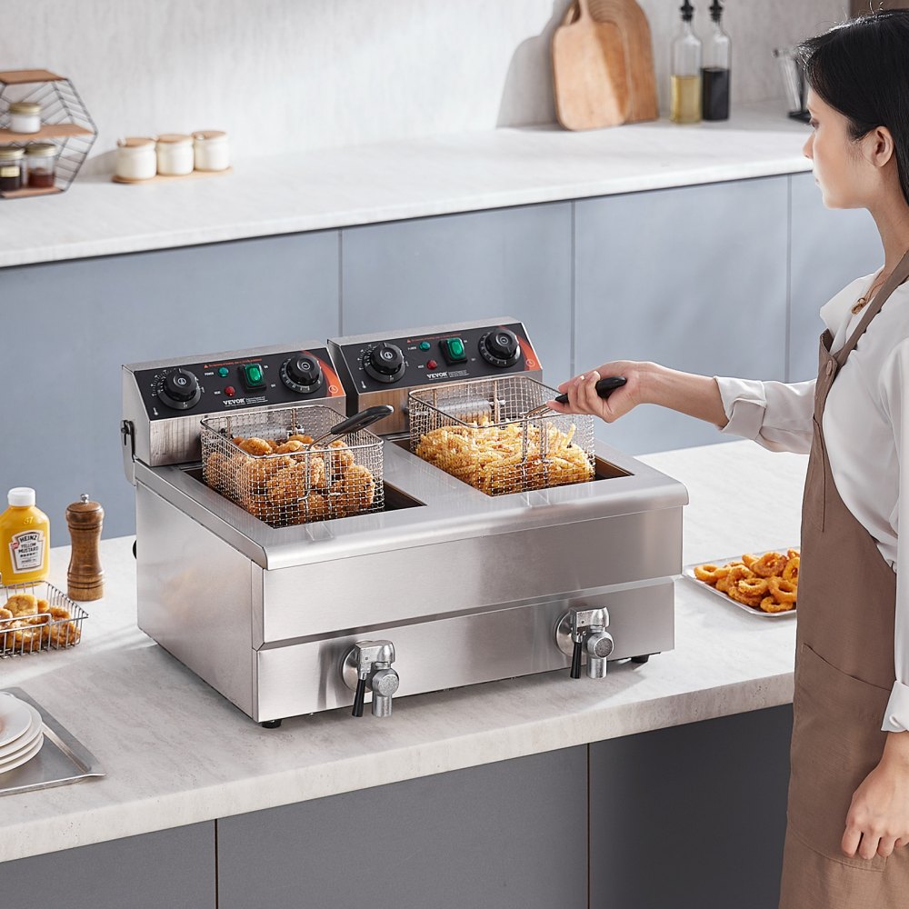 VEVOR Commercial Deep Fryer, Dual Tank 3000W Electric Countertop Fryer with Basket, 2 x 11.6Qt/11L Double Stainless
