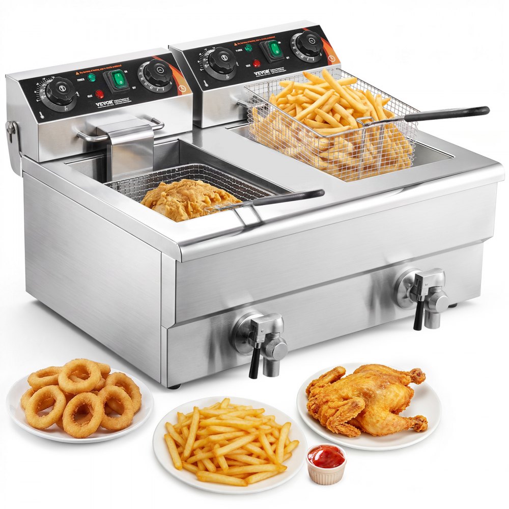 VEVOR Commercial Deep Fryer, Dual Tank 3000W Electric Countertop Fryer with Basket, 2 x 11.6Qt/11L Double Stainless