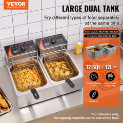 VEVOR Commercial Deep Fryer, Dual Tank 3000W Electric Countertop Fryer with Basket, 2 x 9.1Qt/8.6L Double Stainless
