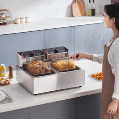 VEVOR Commercial Deep Fryer, Dual Tank 3000W Electric Countertop Fryer with Basket, 2 x 9.1Qt/8.6L Double Stainless