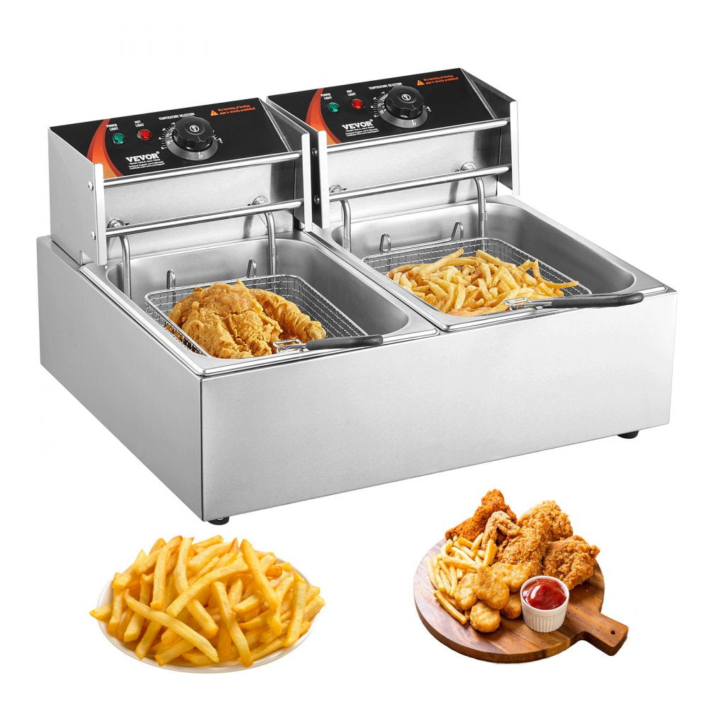 VEVOR Commercial Deep Fryer, Dual Tank 3000W Electric Countertop Fryer with Basket, 2 x 9.1Qt/8.6L Double Stainless