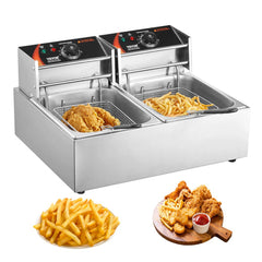 VEVOR Commercial Deep Fryer, Dual Tank 3000W Electric Countertop Fryer with Basket, 2 x 9.1Qt/8.6L Double Stainless