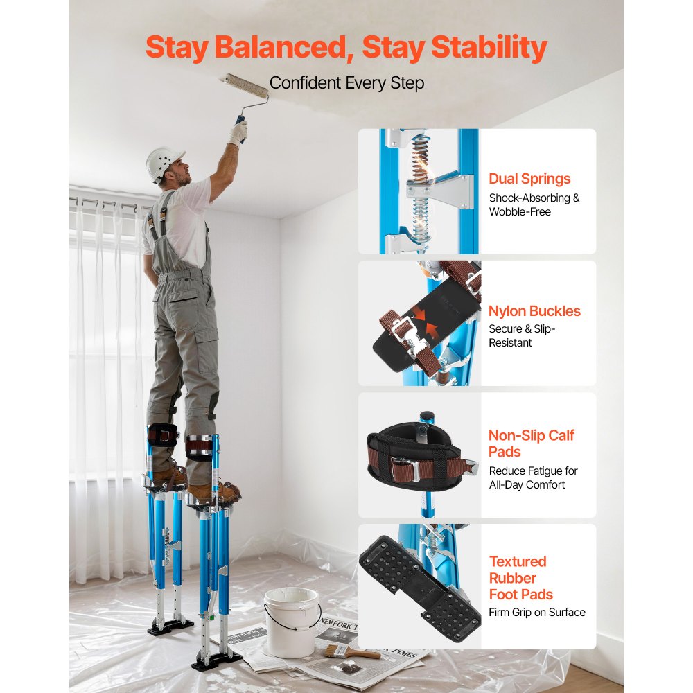 VEVOR Drywall Stilts, 24.2-40.3 Inch Adjustable Aluminum Painter Stilts, 228 lbs Load Capacity, Non-Slip Rubber Feet