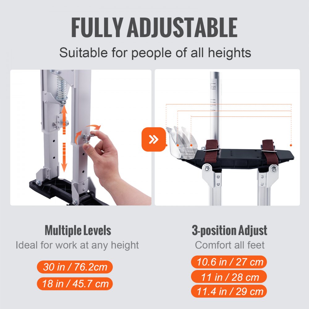 VEVOR Drywall Stilts, 18''-30'' Adjustable Aluminum Tool Stilts with Protective Knee Pads, Durable and Non-slip Work