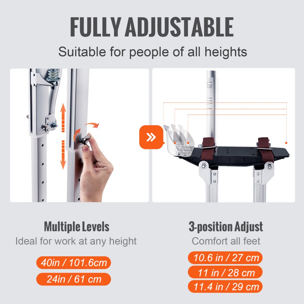 VEVOR Drywall Stilts, 24''-40'' Adjustable Aluminum Tool Stilts with Protective Knee Pads, Durable and Non-slip Work