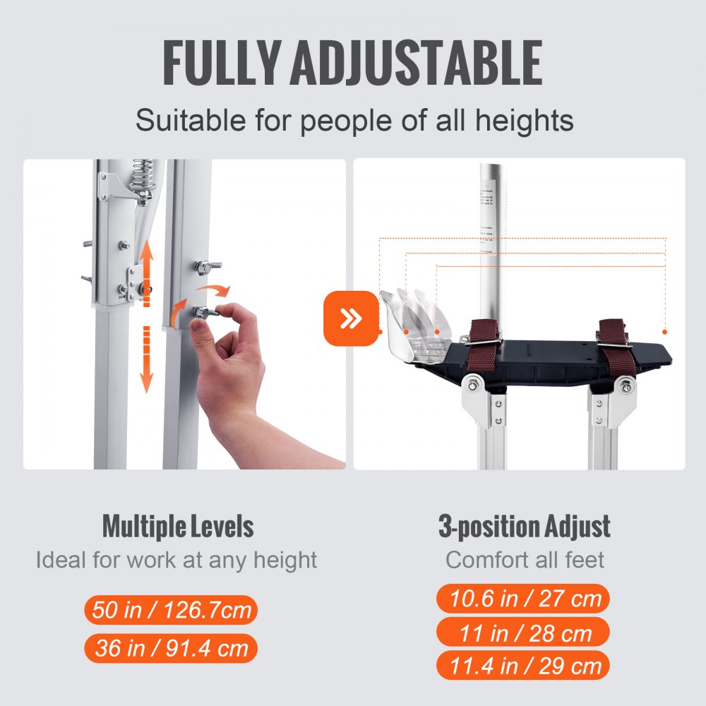VEVOR Drywall Stilts, 36''-50'' Adjustable Aluminum Tool Stilts with Protective Knee Pads, Durable and Non-slip Work