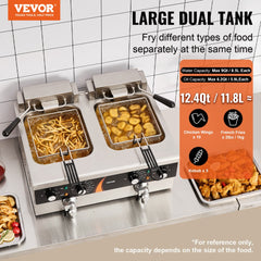 VEVOR Commercial Deep Fryer, Dual Tank 3500W Electric Countertop Fryer, 2 x 9Qt / 8.5L Double Oil Fryer with 2 Baskets