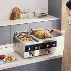 VEVOR Commercial Deep Fryer, Dual Tank 3500W Electric Countertop Fryer, 2 x 9Qt / 8.5L Double Oil Fryer with 2 Baskets