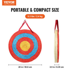 VEVOR Archery Target, 3 Layers 20" Arrow Target, Traditional Solid Straw Round Archery Target Shooting Bow, Hand-Made
