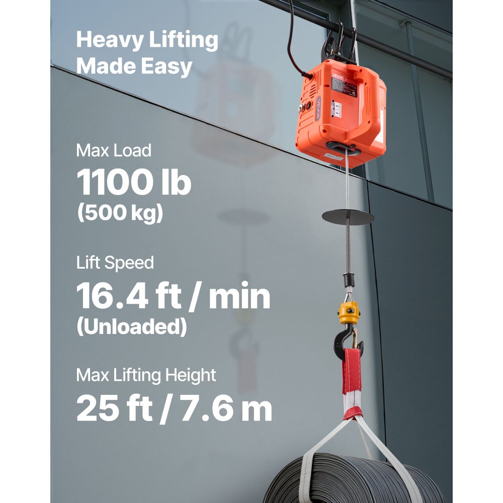 VEVOR 3-in-1 Electric Hoist Winch, 1100 lbs Capacity, 1500W Portable Electric Power Winch, 25 ft Lifting Height, 16.4