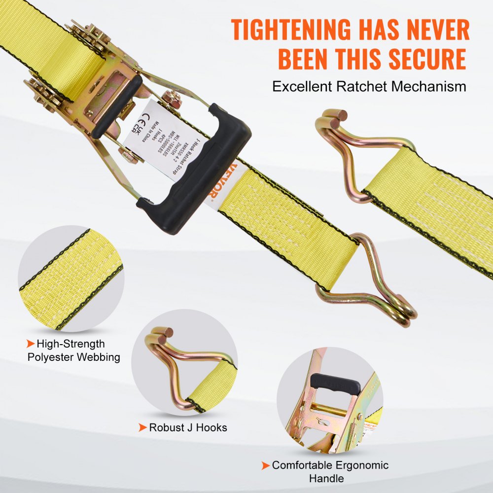 VEVOR Ratchet Tie Down Straps (4PK), 5000 lb Break Strength, Double J Hook Includes 4 Premium 2" x 15' Rachet Tie Downs