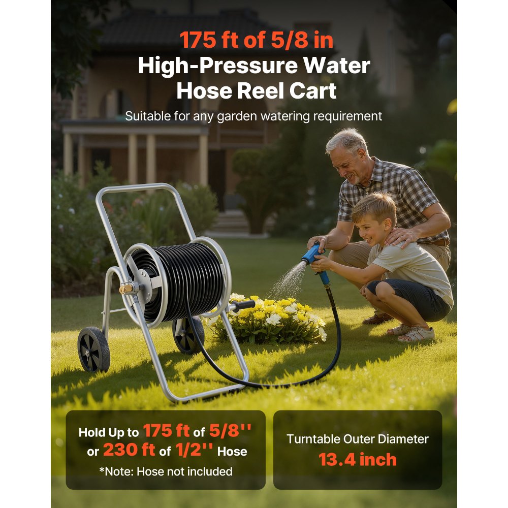 VEVOR Hose Reel Cart, Hold Up to 175 ft of 5/8'' Hose (Hose Not Included), Garden Water Hose Carts Mobile Tools with