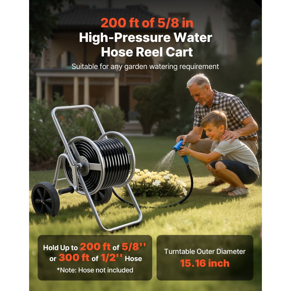VEVOR Water Hose Reel Cart, 200/300 ft High-Pressure Garden Hose Cart, Hoses Reel Carts with Two Wheels, Handle &