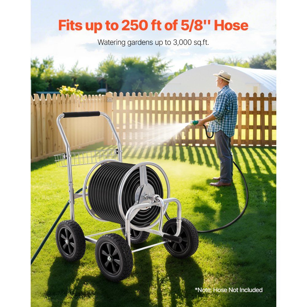 VEVOR Hose Reel Cart, Hold Up to 250 ft of 5/8'' Hose, Garden Water Hose Carts Mobile Tools with 4 Wheels, Heavy Duty