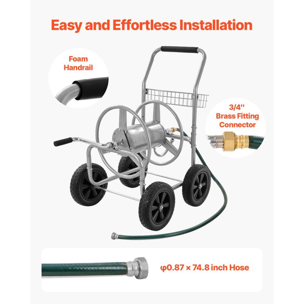 VEVOR Hose Reel Cart, Hold Up to 250 ft of 5/8'' Hose, Garden Water Hose Carts Mobile Tools with 4 Wheels, Heavy Duty