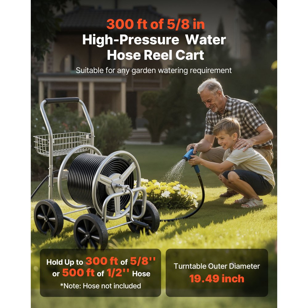 VEVOR Hose Reel Cart, Hold Up to 300 ft of 5/8'' Hose, Garden Water Hose Carts Mobile Tools with 4 Wheels, Heavy Duty