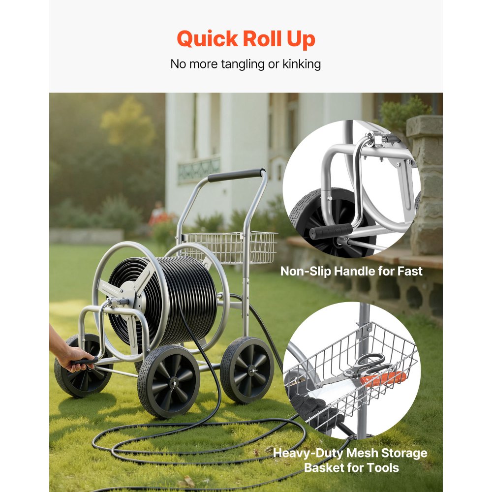VEVOR Hose Reel Cart, Hold Up to 300 ft of 5/8'' Hose, Garden Water Hose Carts Mobile Tools with 4 Wheels, Heavy Duty